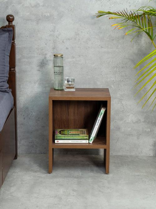 Walnut Hues Mica Bedside Table, Side Table, Bedside Open Storage, Bedroom Decor