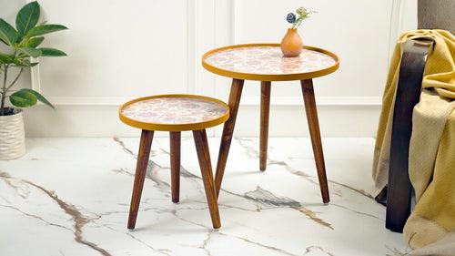 Pink and Yellow Floral Round Nesting Tables with Wooden Legs, Side Tables, Wooden Tables, Living Room Decor by A Tiny Mistake