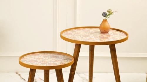 Pink and Yellow Floral Round Nesting Tables with Wooden Legs, Side Tables, Wooden Tables, Living Room Decor by A Tiny Mistake