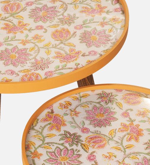 Pink and Yellow Floral Round Nesting Tables with Wooden Legs, Side Tables, Wooden Tables, Living Room Decor by A Tiny Mistake