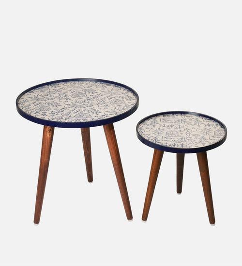 Warli Chitra Round Nesting Tables with Wooden Legs, Side Tables, Wooden Tables, Living Room Decor by A Tiny Mistake