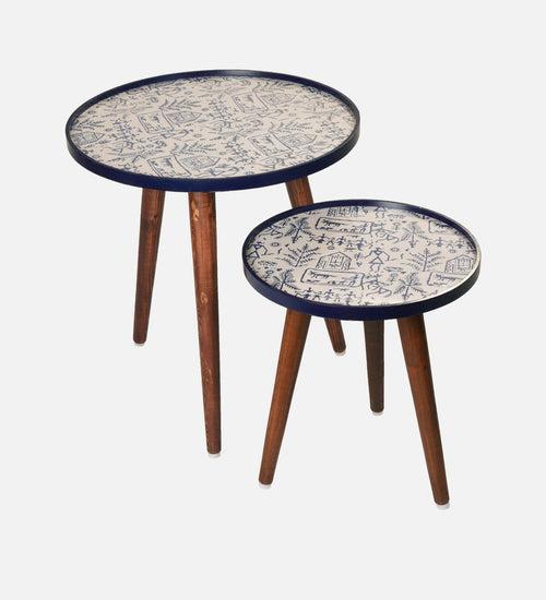 Warli Chitra Round Nesting Tables with Wooden Legs, Side Tables, Wooden Tables, Living Room Decor by A Tiny Mistake