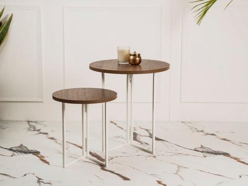 Walnut Hues Round Oblique Nesting Tables, Side Tables, Wooden Tables, Living Room Decor by A Tiny Mistake