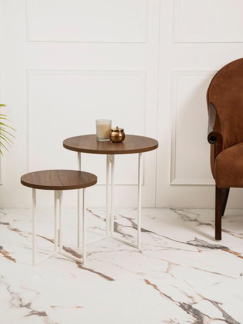 Walnut Hues Round Oblique Nesting Tables, Side Tables, Wooden Tables, Living Room Decor by A Tiny Mistake