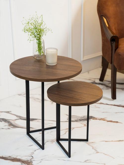 Walnut Hues Round Oblique Nesting Tables, Side Tables, Wooden Tables, Living Room Decor by A Tiny Mistake