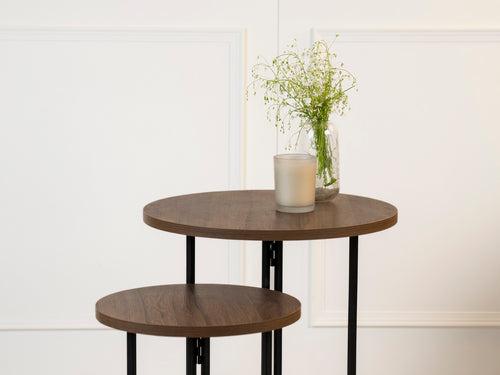 Walnut Hues Round Oblique Nesting Tables, Side Tables, Wooden Tables, Living Room Decor by A Tiny Mistake