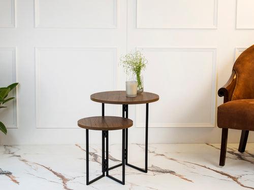 Walnut Hues Round Oblique Nesting Tables, Side Tables, Wooden Tables, Living Room Decor by A Tiny Mistake