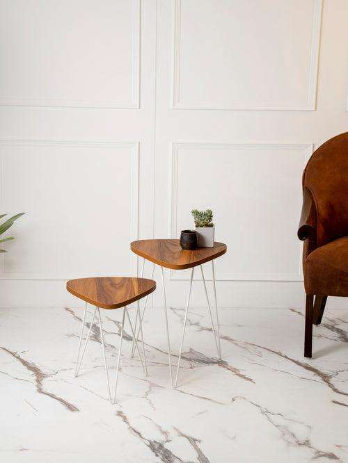 Teak Hues Trinity Nesting Tables with Hairpin Legs, Side Tables, Wooden Tables, Living Room Decor by A Tiny Mistake