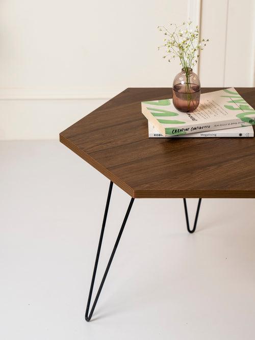 Walnut Hues Hexagon Small Coffee Tables, Wooden Tables, Coffee Tables, Center Tables, Living Room Decor by A Tiny Mistake