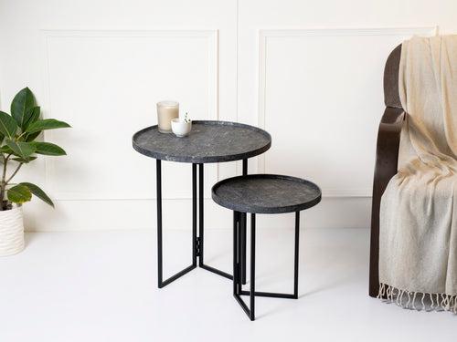 Transcendent Tinge Dark Blue Round Oblique Nesting Tables, Side Tables, Wooden Tables, Living Room Decor by A Tiny Mistake