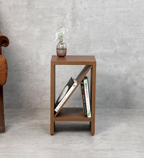 Walnut Hues Bevel Mica Side Table, Small Storage and Decor, End Table, Living and Bedroom Decor