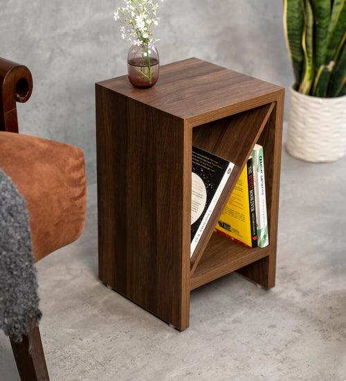 Walnut Hues Bevel Mica Side Table, Small Storage and Decor, End Table, Living and Bedroom Decor