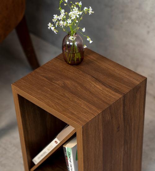 Walnut Hues Bevel Mica Side Table, Small Storage and Decor, End Table, Living and Bedroom Decor