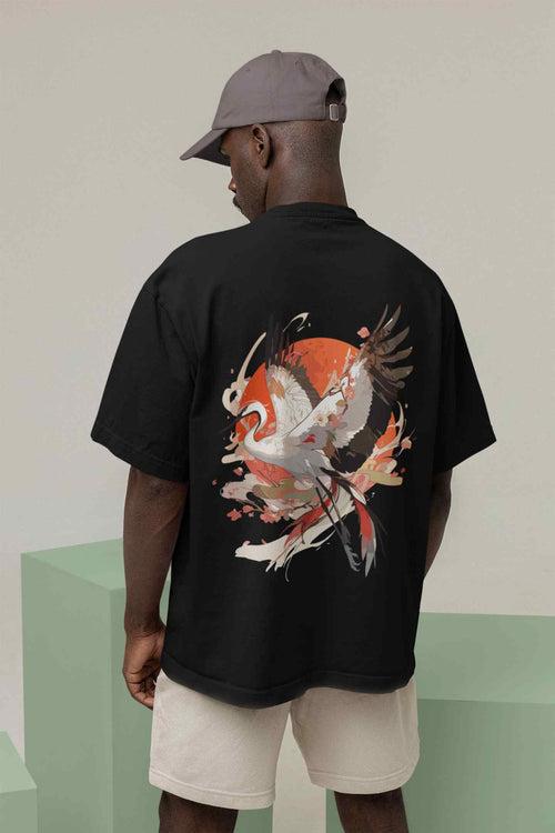 Radiant Reverie: A Crane's Flight through Sunlit Skies Oversized Tee