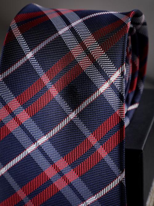 Red & Blue Check Woven Long Necktie