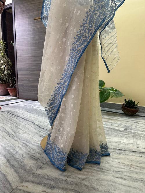 White on White with Blue Dhakai Jamdani