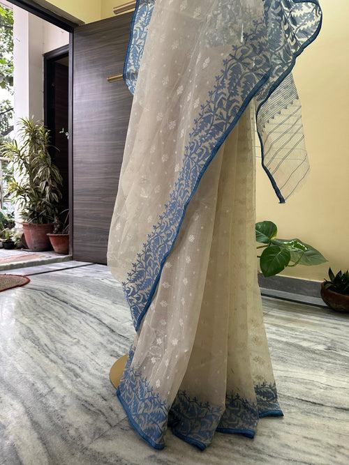 White on White with Blue Dhakai Jamdani