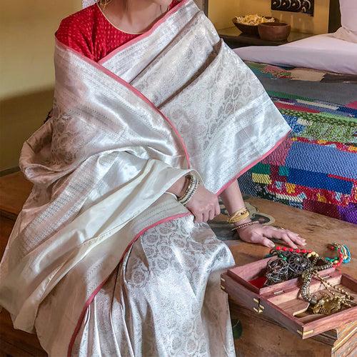 White and Silver Revival Benarasi Saree