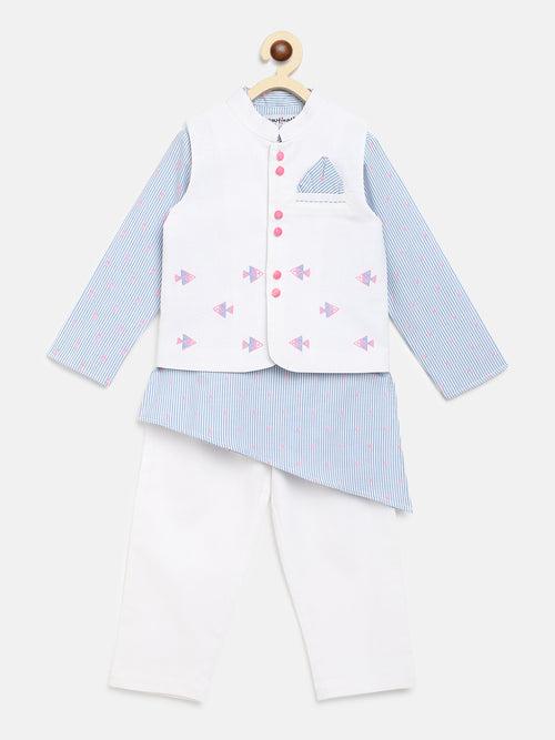 Nauti Nati Boys White Printed Pure Cotton Kurta with Pyjamas  Nehru Jacket