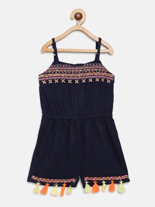 Nauti Nati Girls Navy Blue Solid Playsuit with Embroidered Detail