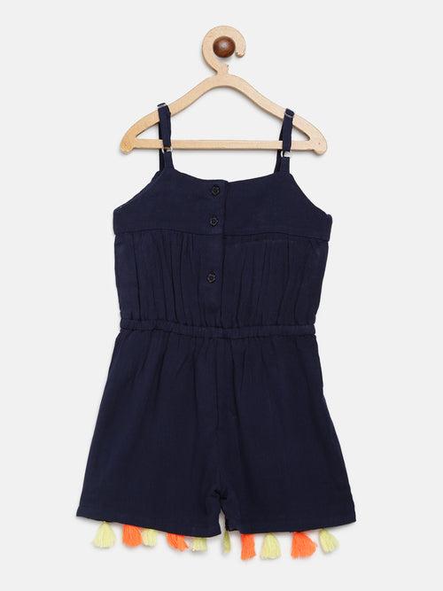 Nauti Nati Girls Navy Blue Solid Playsuit with Embroidered Detail