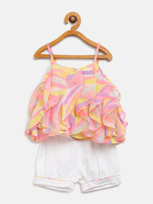 Nauti Nati Girls Pink  White Printed Top  Solid Shorts