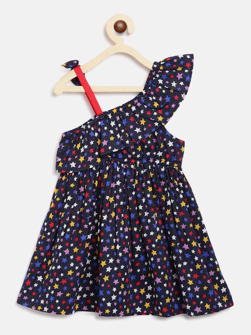 Nauti Nati Girls Navy Blue Printed Fit and Flare Cotton Dress