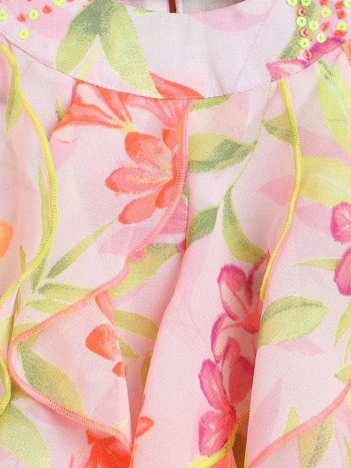 Nauti Nati Pink  Yellow Floral Georgette A-Line Dress