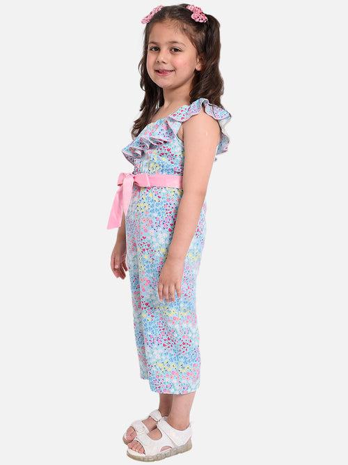 Nauti Nati Girls Blue  Pink Printed Basic one shoulder jumpsuit