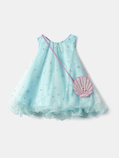 Nauti Nati Girls Embellished Net Tulle A-Line Dress With Sling Bag