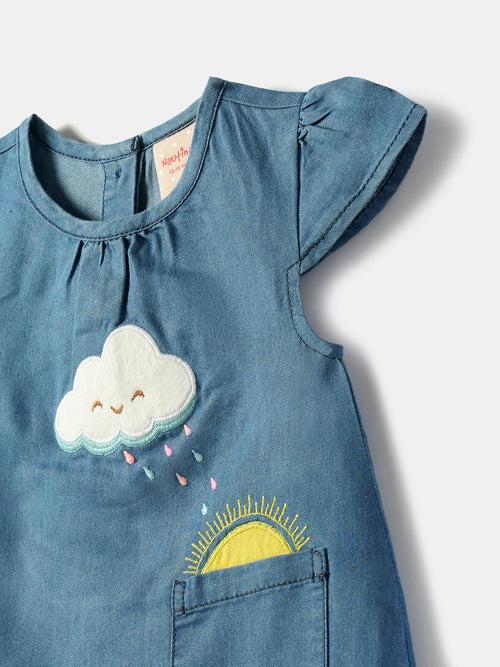 Nauti Nati Infants Applique Short Flutter Sleeves Round Neck Denim A-Line Dress