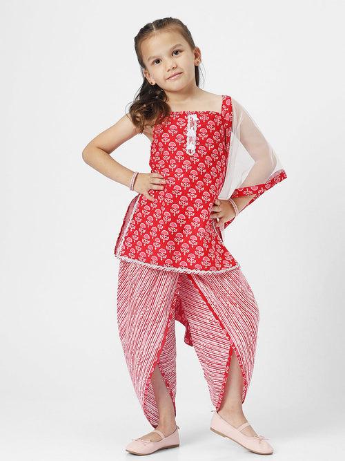 Nauti Nati Girls Floral Printed Pure Cotton Kurti with Dhoti Pants  Dupatta