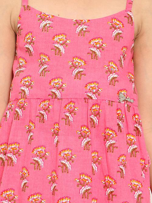 Girls Pink-White Floral Printed Cotton A-Line Kurta With Gathered Waist And Palazzo With Dupatta