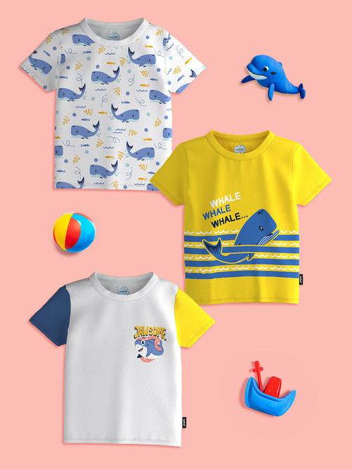 Boys Yellow-White Graphic Printed Half Sleeve Pack of 3 T-Shirt