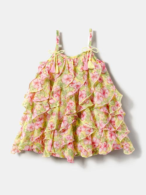 Nauti Nati Infant Girls Floral Print Ruffled Shoulder Straps Georgette A-Line Dress