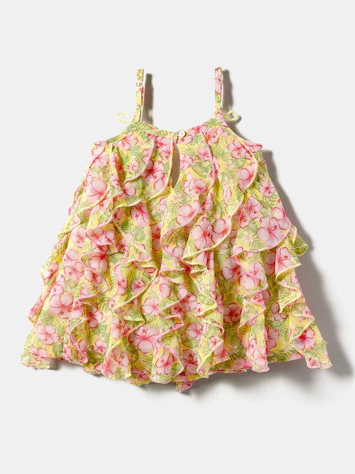 Nauti Nati Infant Girls Floral Print Ruffled Shoulder Straps Georgette A-Line Dress