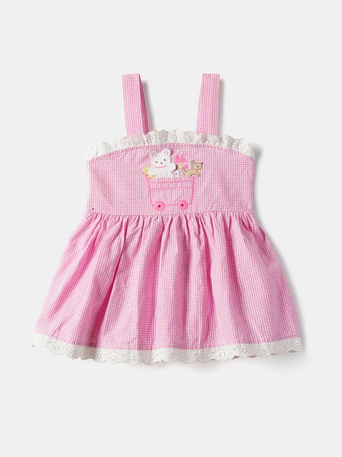 Girls Pink-White Checkered Sleeveless Applique Detailed Back Smocked Fit and Flare Dress