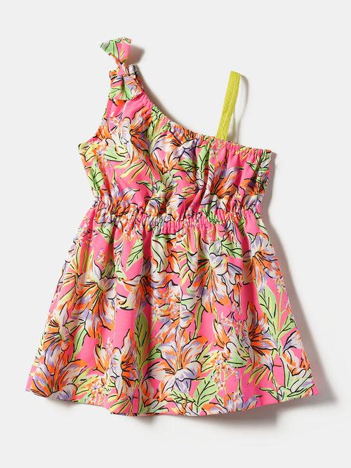 Nauti Nati Infant Girls Floral Print One Shoulder Crepe Fit  Flare Dress