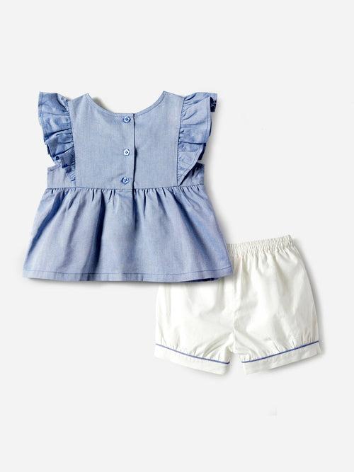 Girls Blue-White Embroidered Ruffled Sleeveless Pure Cotton Top With Shorts