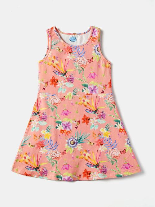 Girls Peach Floral Printed Sleeveless Round Neck A-Line Dress