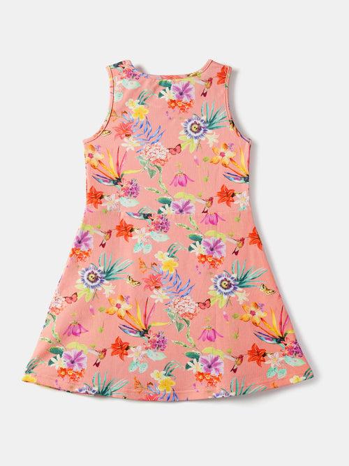 Girls Peach Floral Printed Sleeveless Round Neck A-Line Dress