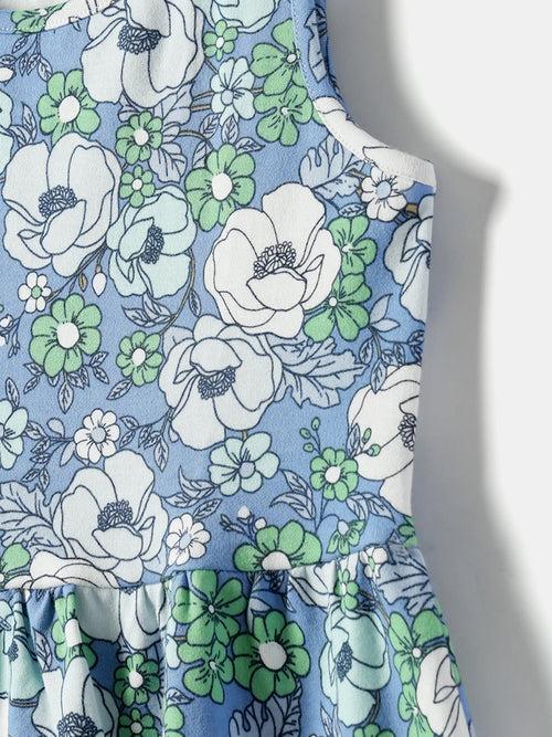 Girls Blue Floral Printed Sleeveless Round Neck A-Line Dress