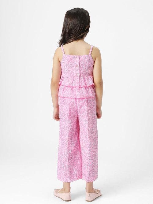 Girls Pink-White Floral Printed Shoulder Strap Crochet Flowers Applique Layered Top With Ankle Length Trouser