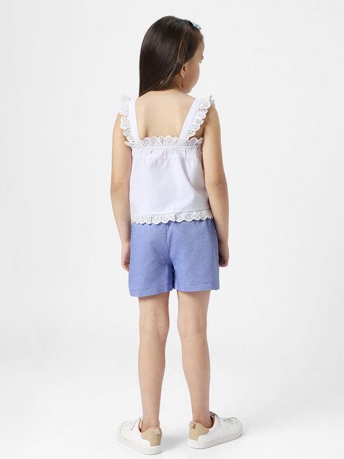 Girls White-Blue Schiffli Embroidered Square Neck A-Line Pure Cotton Top With Frilled Shorts