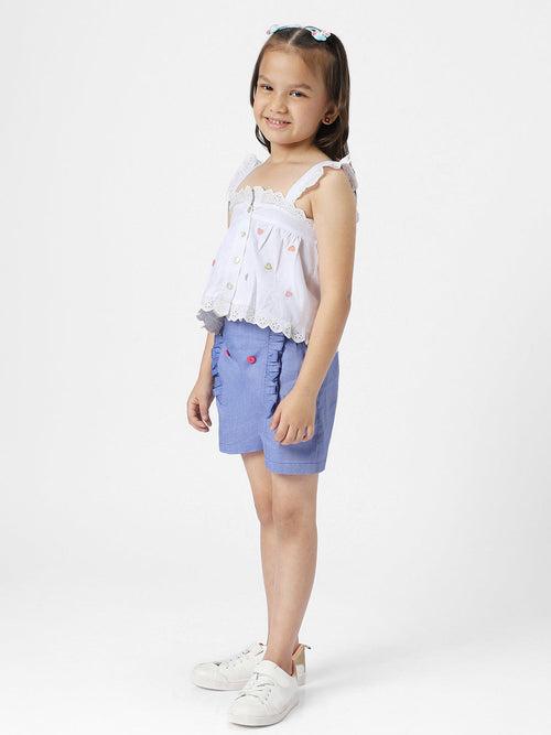 Girls White-Blue Schiffli Embroidered Square Neck A-Line Pure Cotton Top With Frilled Shorts