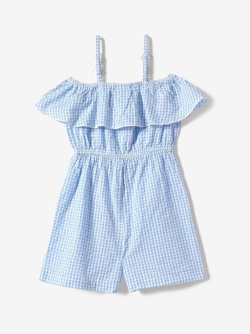 Girls Blue-White Checkered Layered Shoulder Strap Elasticated Waist Casual Jumpsuit with Crochet Flower Detail