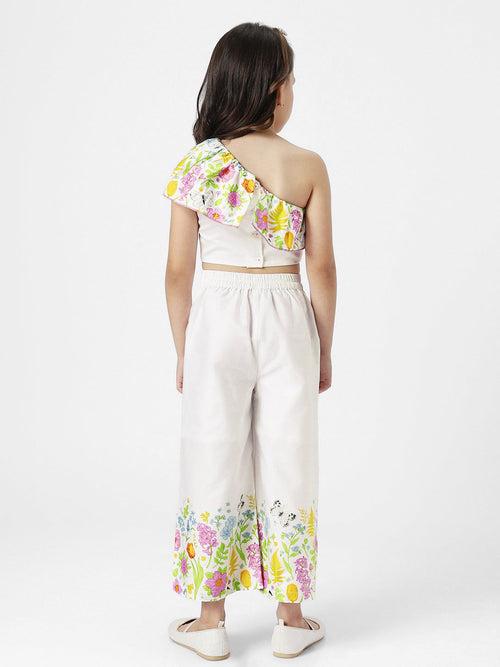 Girls White Floral Printed One Shoulder Ruffled Blouson Crop Top With Ankle Length Trouser