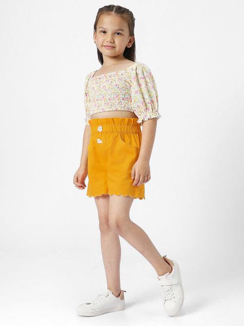 Girls Multicolor Floral Printed Smocked Square Neck Blouson Crop Top With Gathered Detailed Mid-Rise Shorts