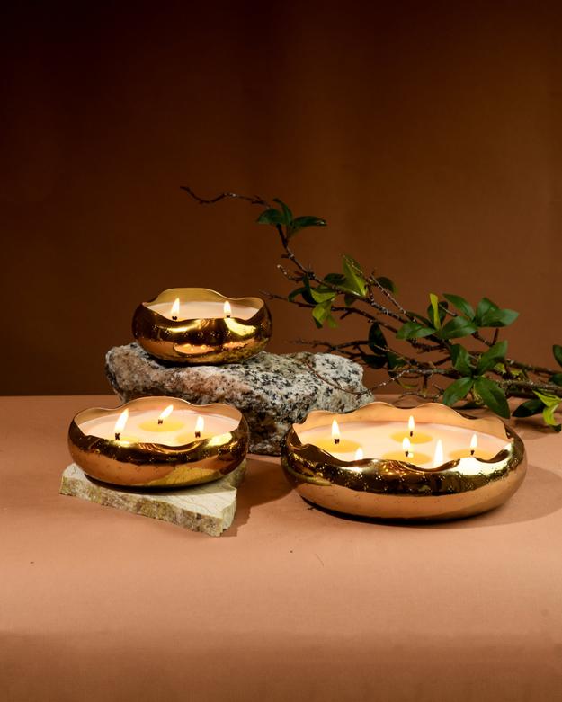 Golden Hour Glow Urli - Set of 3 Scented Candles | Diya Decoration | Urli Bowl