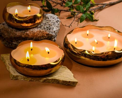 Golden Hour Glow Urli - Set of 3 Scented Candles | Diya Decoration | Urli Bowl